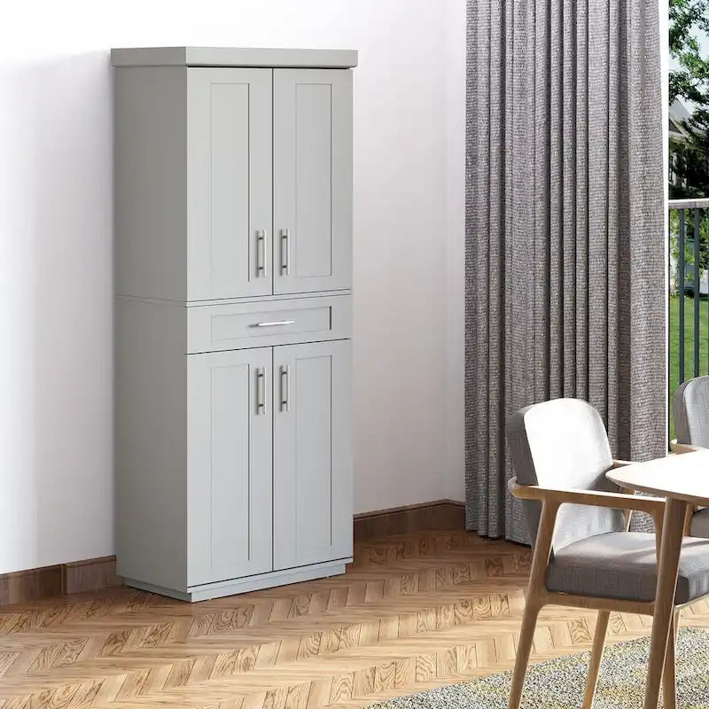Modern Kitchen Pantry Freestanding Cabinet Cupboard with Doors and Drawer, Adjustable Shelving, Grey