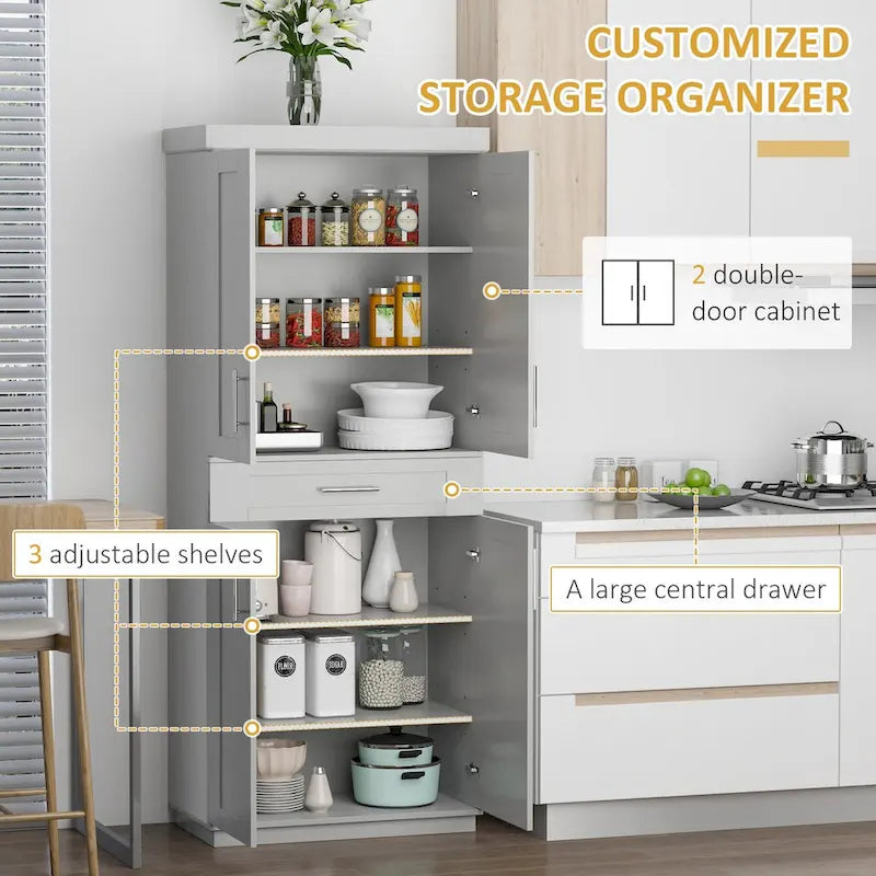 Modern Kitchen Pantry Freestanding Cabinet Cupboard with Doors and Drawer, Adjustable Shelving, Grey