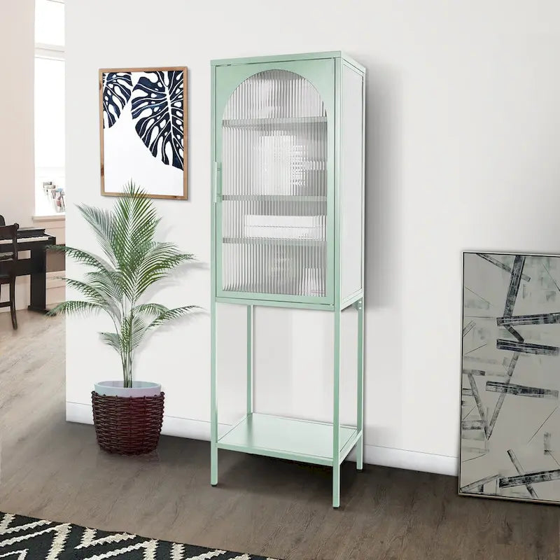 Tempered Glass High Cabinet with Arched Door Adjustable Shelves and Feet Anti-Tip Dust-free Fluted Glass Kitchen Credenza