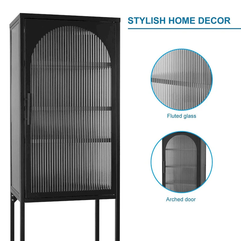 Tempered Glass High Cabinet with Arched Door Adjustable Shelves and Feet Anti-Tip Dust-free Fluted Glass Kitchen Credenza
