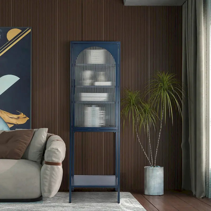 Tempered Glass High Cabinet with Arched Door Adjustable Shelves and Feet Anti-Tip Dust-free Fluted Glass Kitchen Credenza