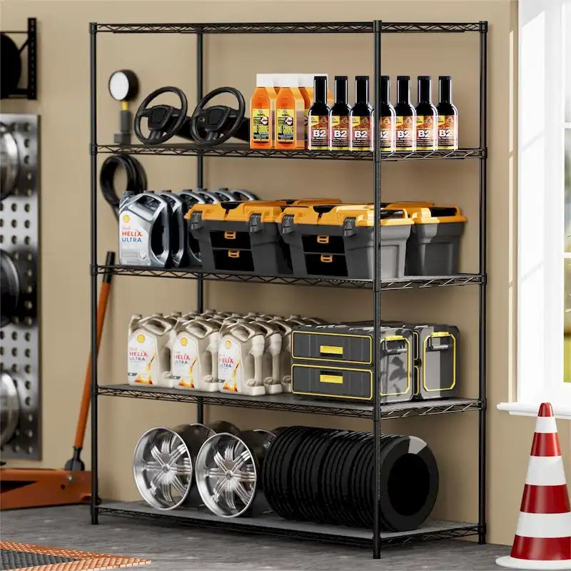 5 Tier Steel Heavy Duty Adjustable Shelves with Wheels and Feet