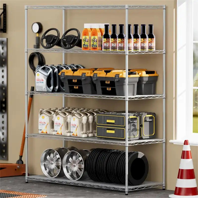 5 Tier Steel Heavy Duty Adjustable Shelves with Wheels and Feet