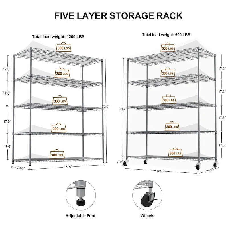 5 Tier Steel Heavy Duty Adjustable Shelves with Wheels and Feet
