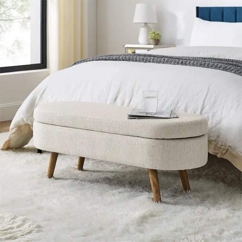 Bed Stool Oval Storage Bench, Rubber Wood Legs - Beige