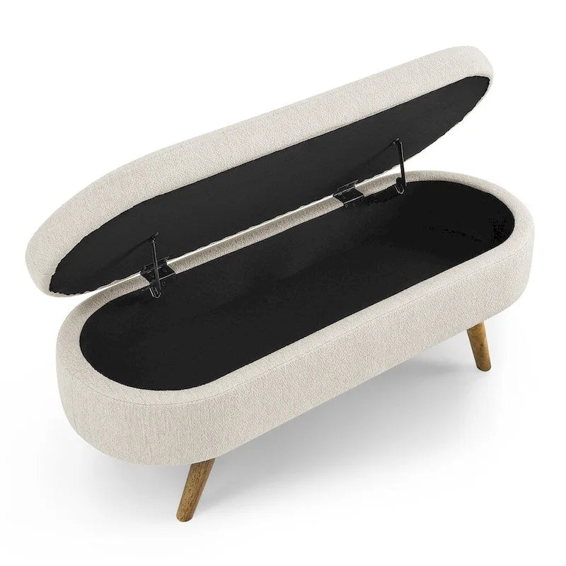 Bed Stool Oval Storage Bench, Rubber Wood Legs - Beige