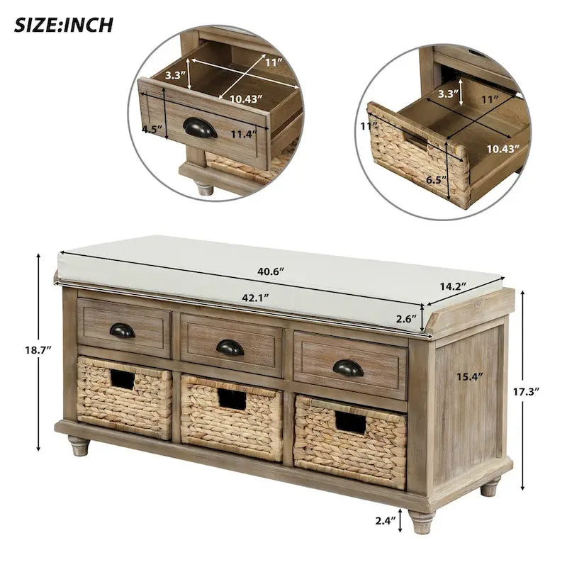 Rustic Storage Shoes Bench with 3 Drawers and 3 Rattan Baskets