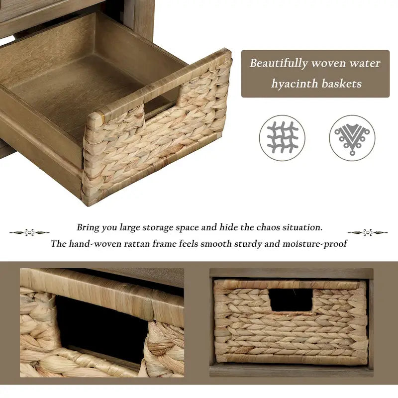 Rustic Storage Shoes Bench with 3 Drawers and 3 Rattan Baskets