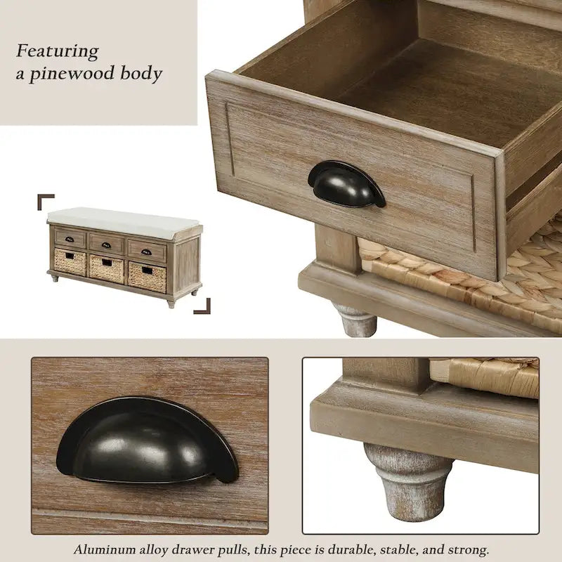 Rustic Storage Shoes Bench with 3 Drawers and 3 Rattan Baskets