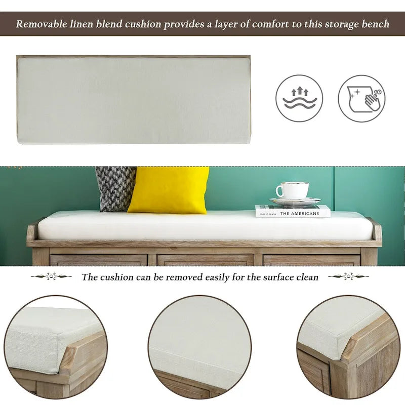 Rustic Storage Shoes Bench with 3 Drawers and 3 Rattan Baskets