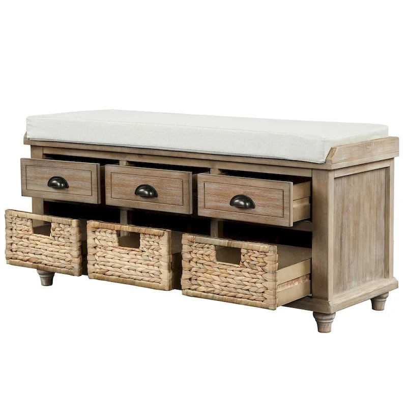 Rustic Storage Shoes Bench with 3 Drawers and 3 Rattan Baskets