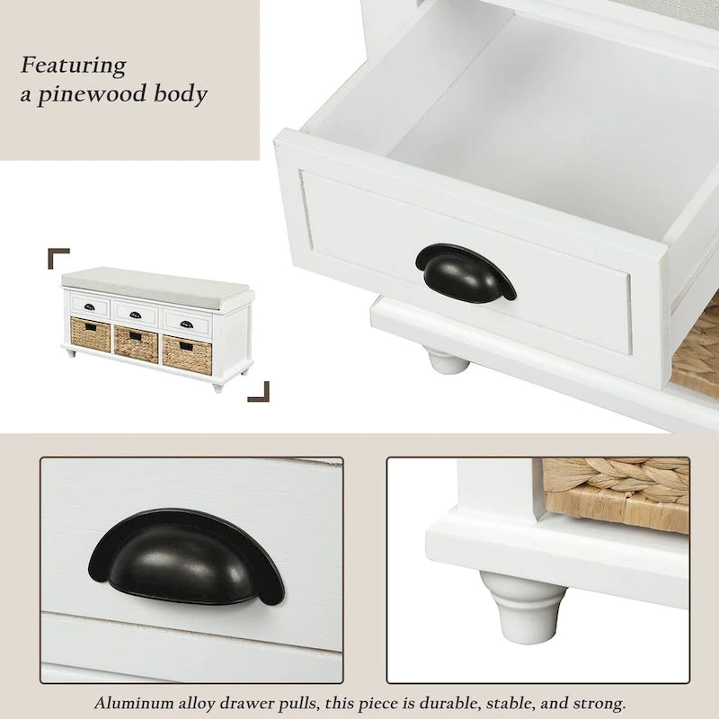 Rustic Storage Shoes Bench with 3 Drawers and 3 Rattan Baskets