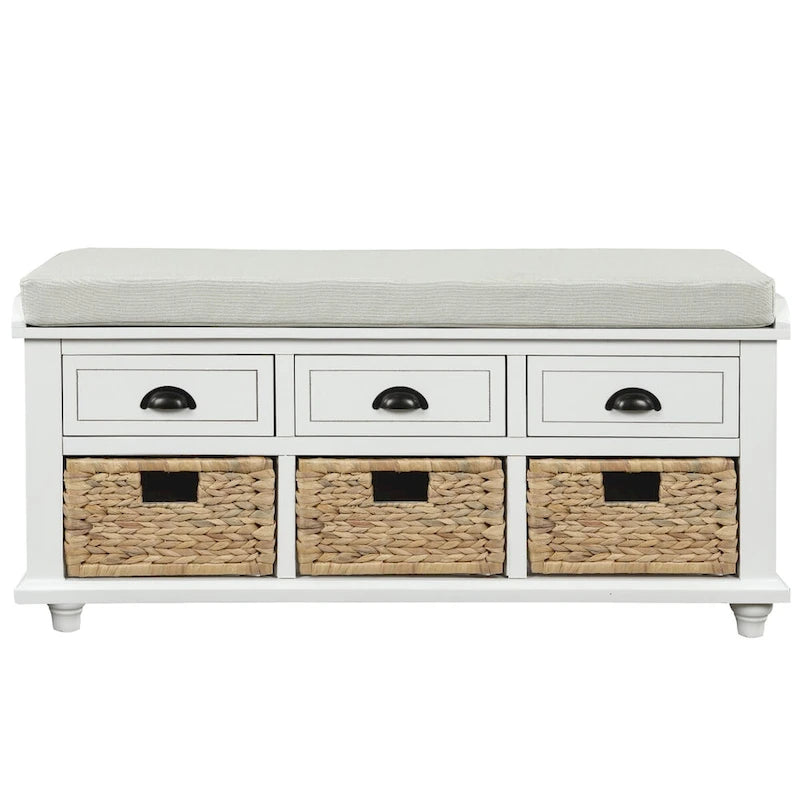 Rustic Storage Shoes Bench with 3 Drawers and 3 Rattan Baskets