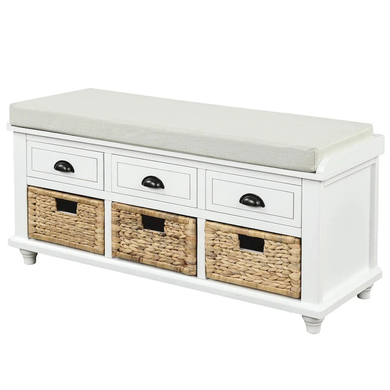 Rustic Storage Shoes Bench with 3 Drawers and 3 Rattan Baskets
