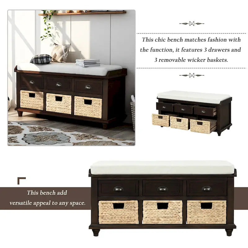 Rustic Storage Shoes Bench with 3 Drawers and 3 Rattan Baskets