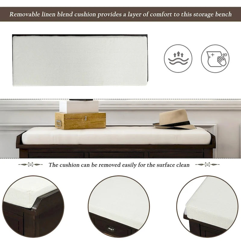 Rustic Storage Shoes Bench with 3 Drawers and 3 Rattan Baskets