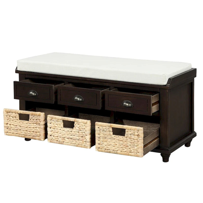 Rustic Storage Shoes Bench with 3 Drawers and 3 Rattan Baskets