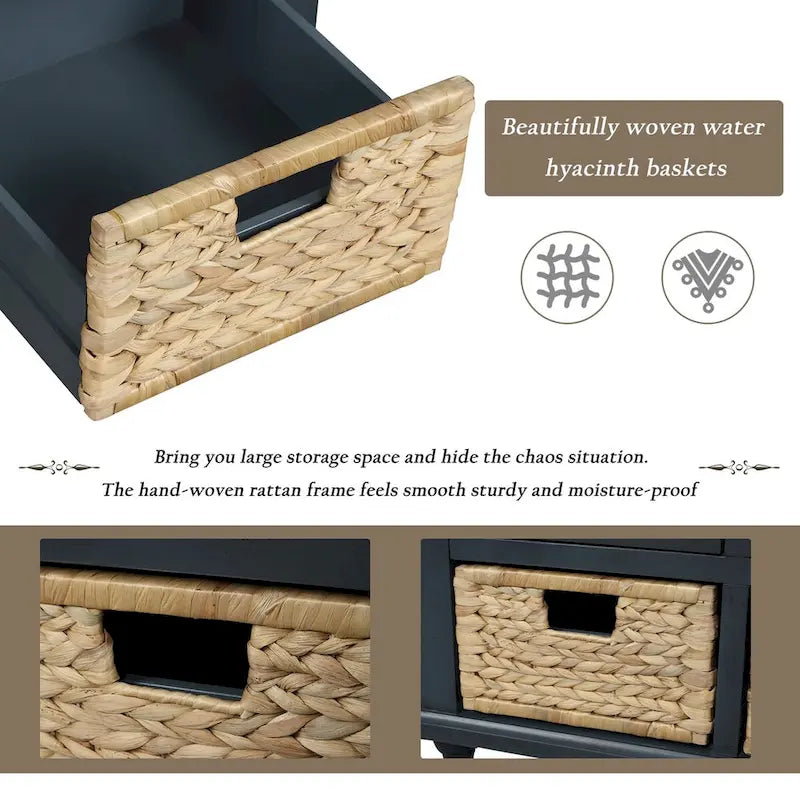 Rustic Storage Shoes Bench with 3 Drawers and 3 Rattan Baskets
