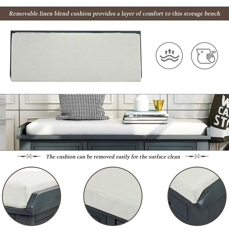 Rustic Storage Shoes Bench with 3 Drawers and 3 Rattan Baskets