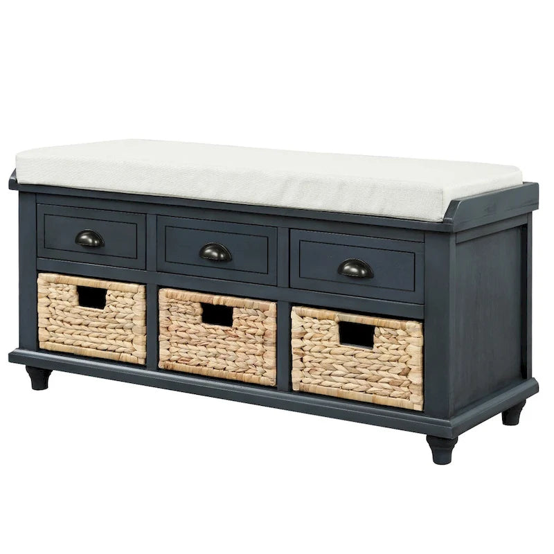 Rustic Storage Shoes Bench with 3 Drawers and 3 Rattan Baskets