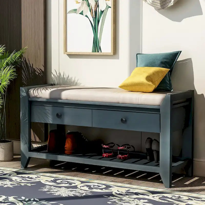 Multipurpose Storage Shoe Bench with Cushioned Seat and Drawers