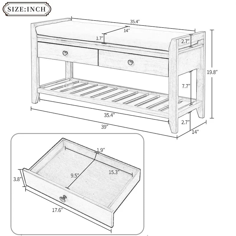 Multipurpose Storage Shoe Bench with Cushioned Seat and Drawers