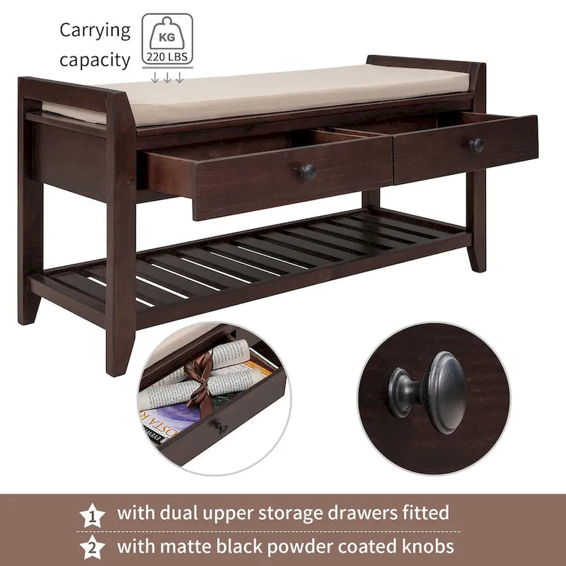 Multipurpose Storage Shoe Bench with Cushioned Seat and Drawers