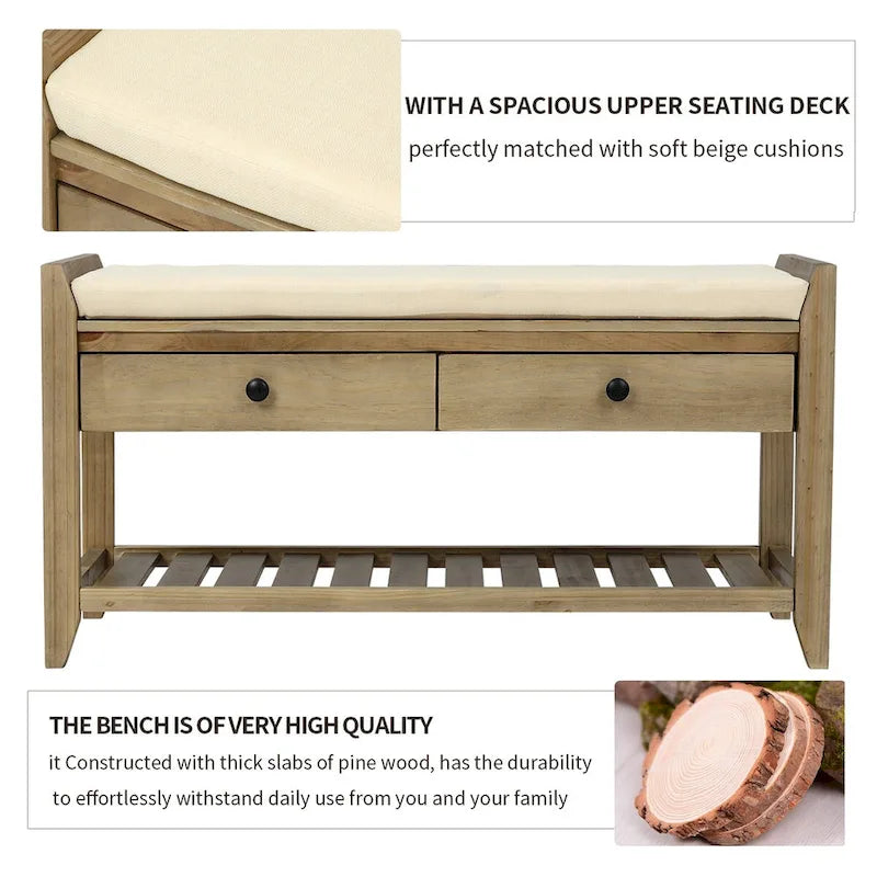 Multipurpose Storage Shoe Bench with Cushioned Seat and Drawers