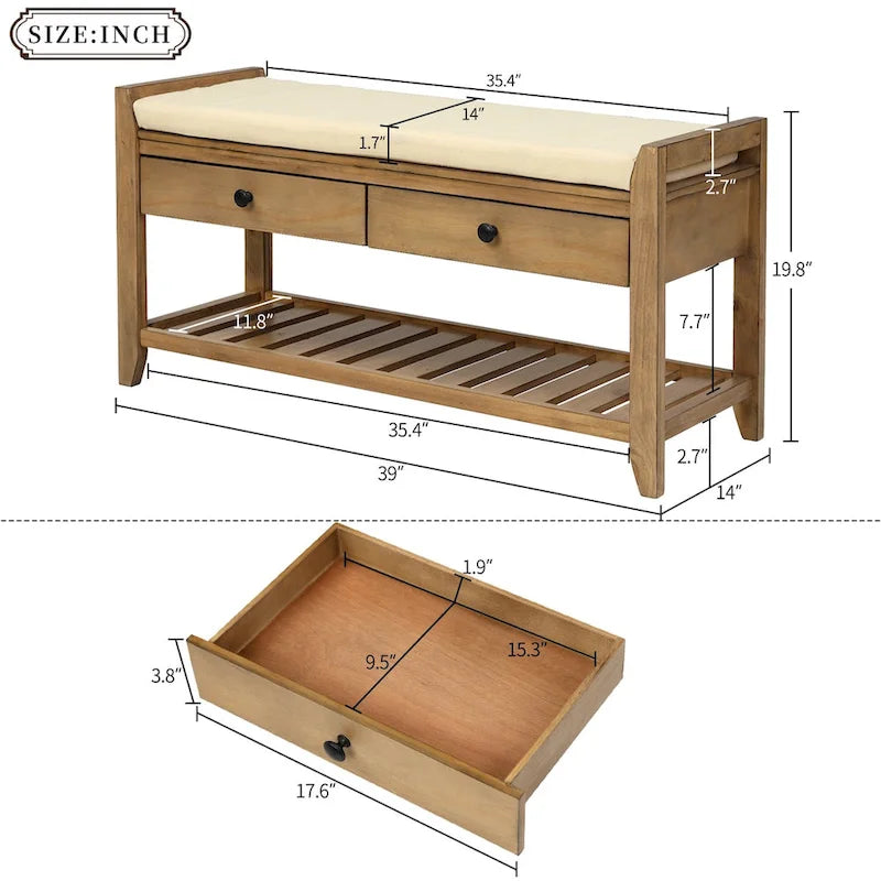 Multipurpose Storage Shoe Bench with Cushioned Seat and Drawers