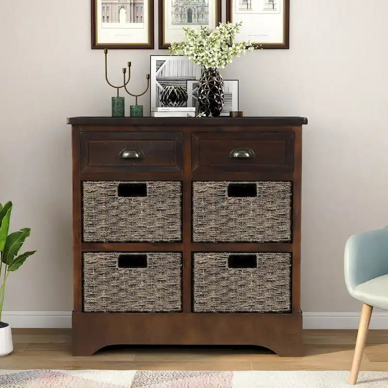 Rustic Storage Cabinet with Two Drawers and Four Classic Rattan Basket for Dining Room/Living Room