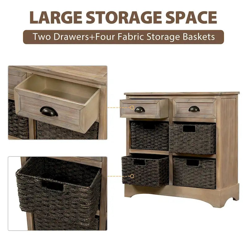 Rustic Storage Cabinet with Two Drawers and Four Classic Rattan Basket for Dining Room/Living Room