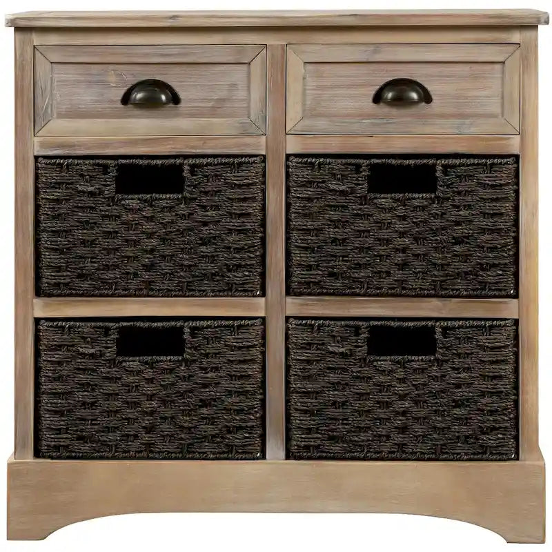 Rustic Storage Cabinet with Two Drawers and Four Classic Rattan Basket for Dining Room/Living Room