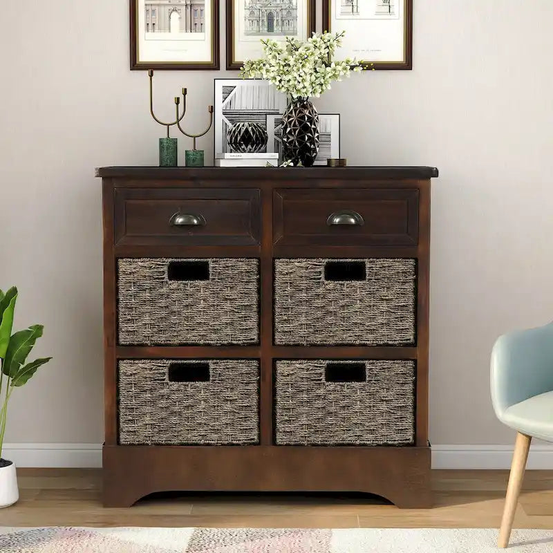 Rustic Storage Cabinet with Two Drawers and Four Classic Rattan Basket for Dining Room/Living Room