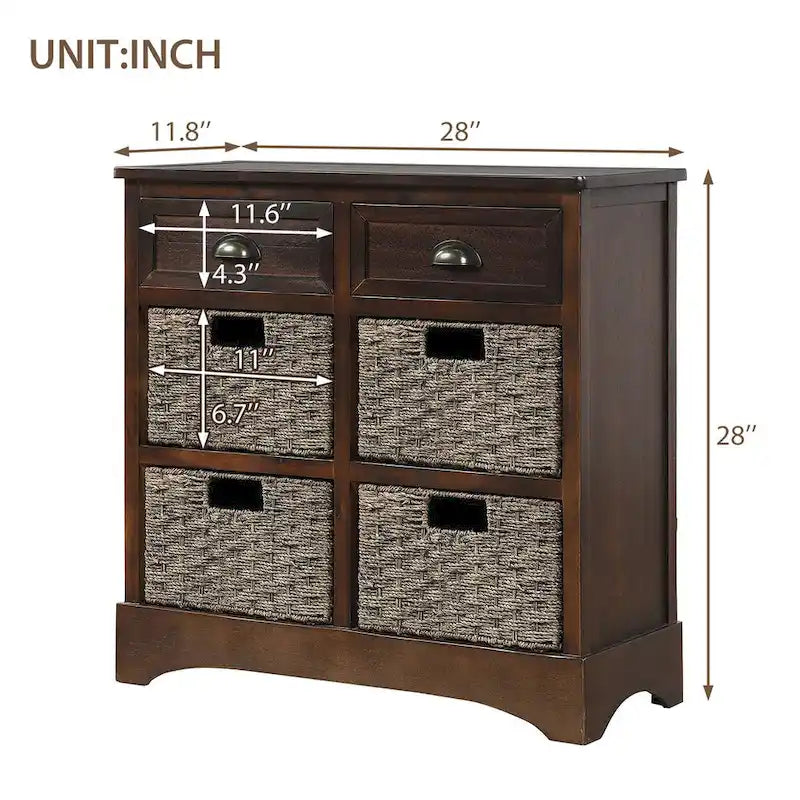 Rustic Storage Cabinet with Two Drawers and Four Classic Rattan Basket for Dining Room/Living Room