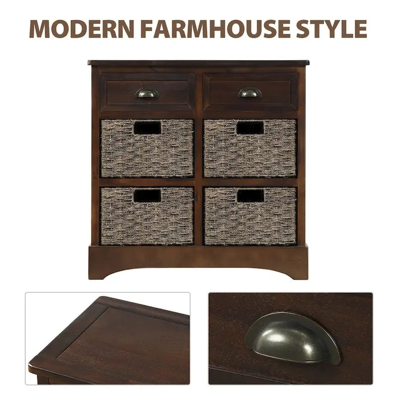 Rustic Storage Cabinet with Two Drawers and Four Classic Rattan Basket for Dining Room/Living Room