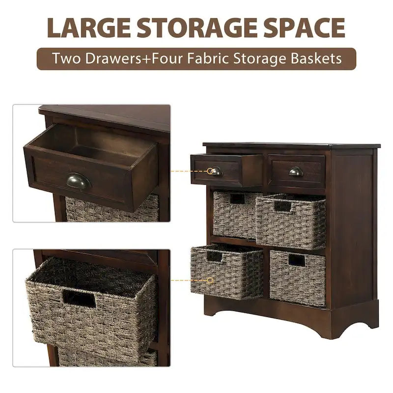 Rustic Storage Cabinet with Two Drawers and Four Classic Rattan Basket for Dining Room/Living Room