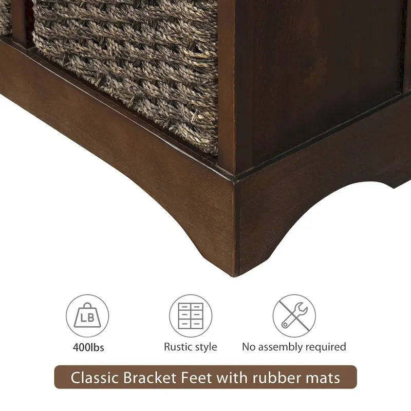 Rustic Storage Cabinet with Two Drawers and Four Classic Rattan Basket for Dining Room/Living Room