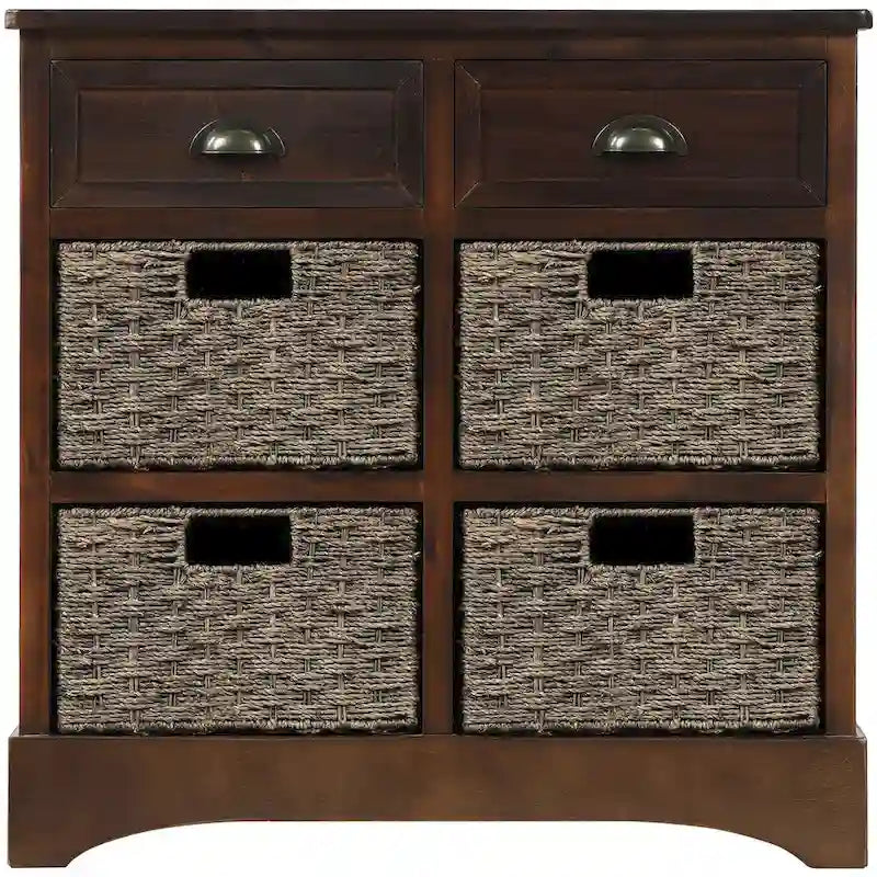 Rustic Storage Cabinet with Two Drawers and Four Classic Rattan Basket for Dining Room/Living Room