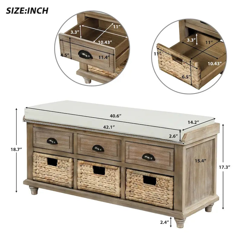 Rustic Storage Bench with 3 Drawers and 3 Rattan Baskets, Shoe Bench for Living Room, Entryway