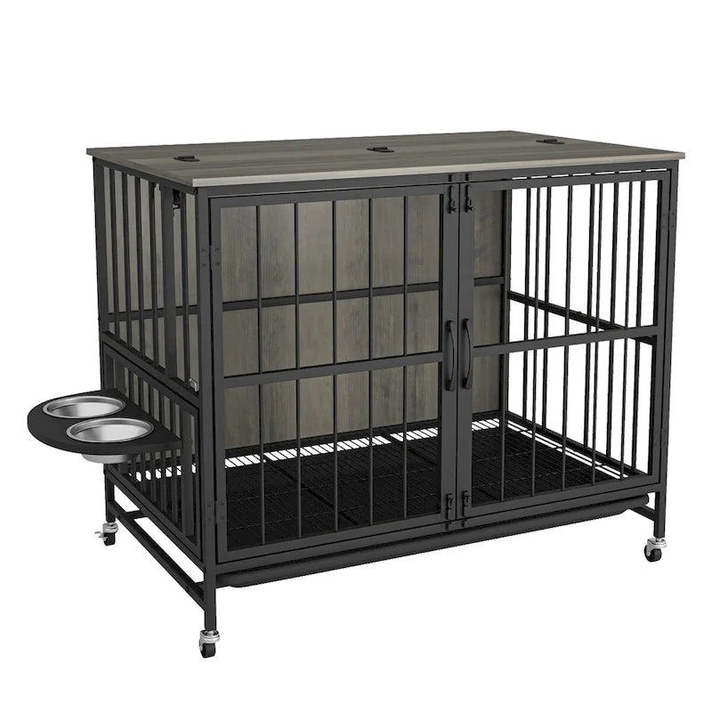 Dog crate furniture with Rremovable Ttray, Double-Door House, lift Panel, 360 Degree Rotation 3 Height Adjustable Feeding Bowls