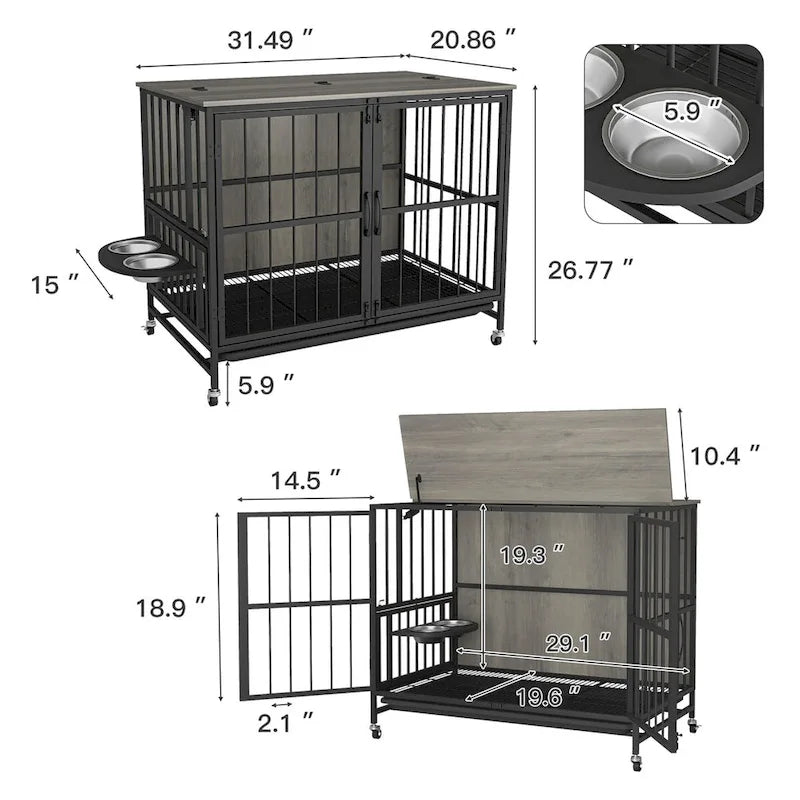 Dog crate furniture with Rremovable Ttray, Double-Door House, lift Panel, 360 Degree Rotation 3 Height Adjustable Feeding Bowls