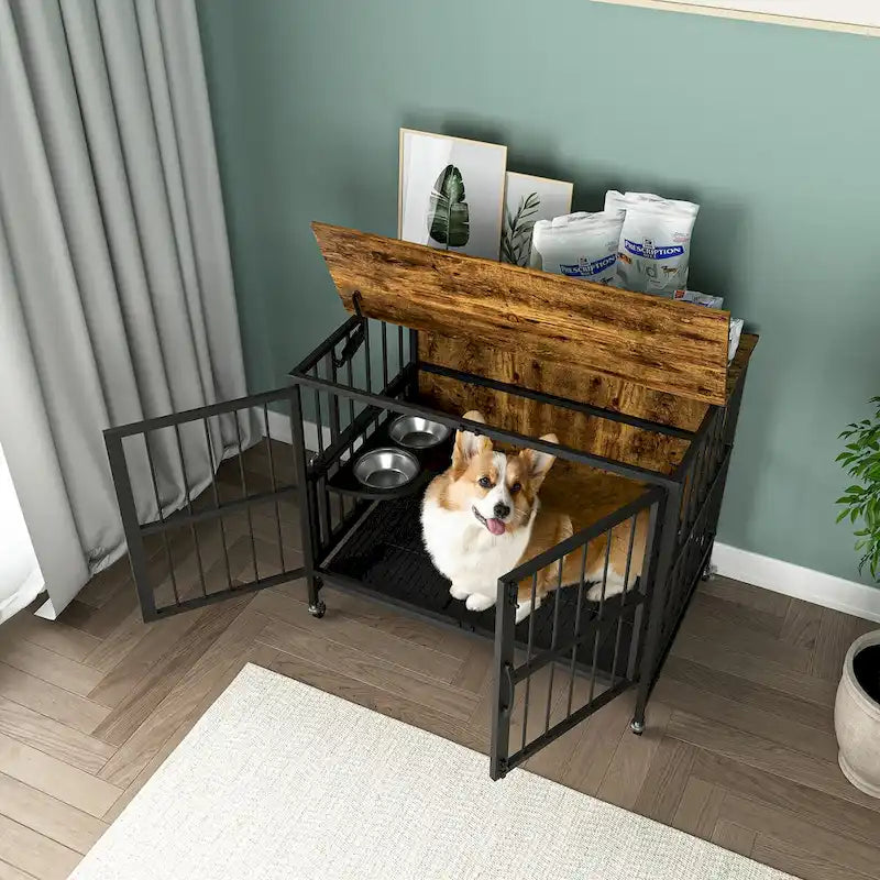 Dog crate furniture with Rremovable Ttray, Double-Door House, lift Panel, 360 Degree Rotation 3 Height Adjustable Feeding Bowls