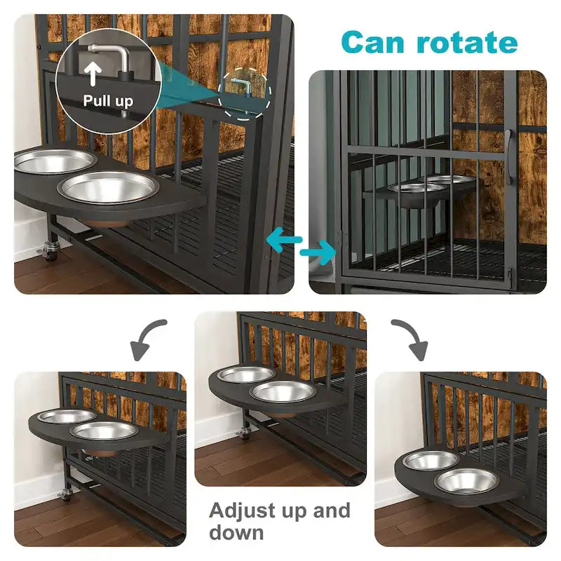 Dog crate furniture with Rremovable Ttray, Double-Door House, lift Panel, 360 Degree Rotation 3 Height Adjustable Feeding Bowls
