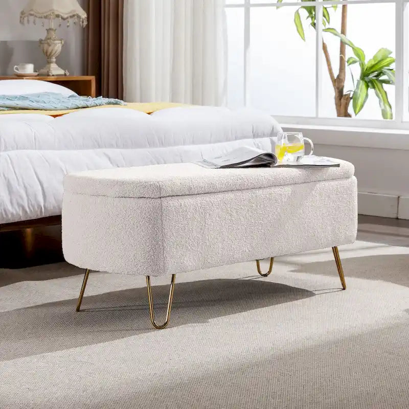 Storage Ottoman Bench for End of Bed Gold Legs, Faux Fur Entryway Bench Upholstered Padded with Storage for Living Room Bedroom