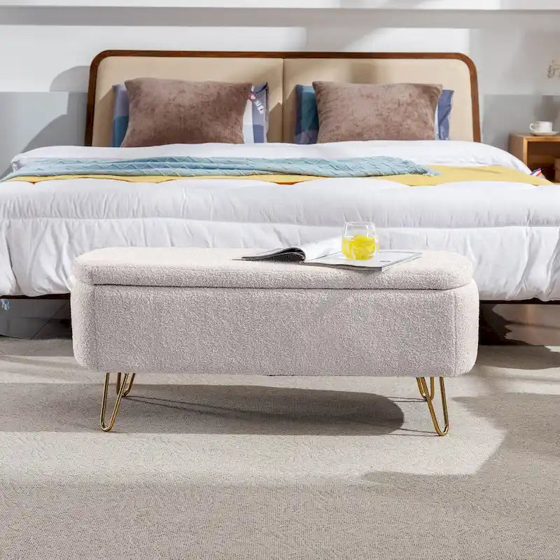 Storage Ottoman Bench for End of Bed Gold Legs, Faux Fur Entryway Bench Upholstered Padded with Storage for Living Room Bedroom
