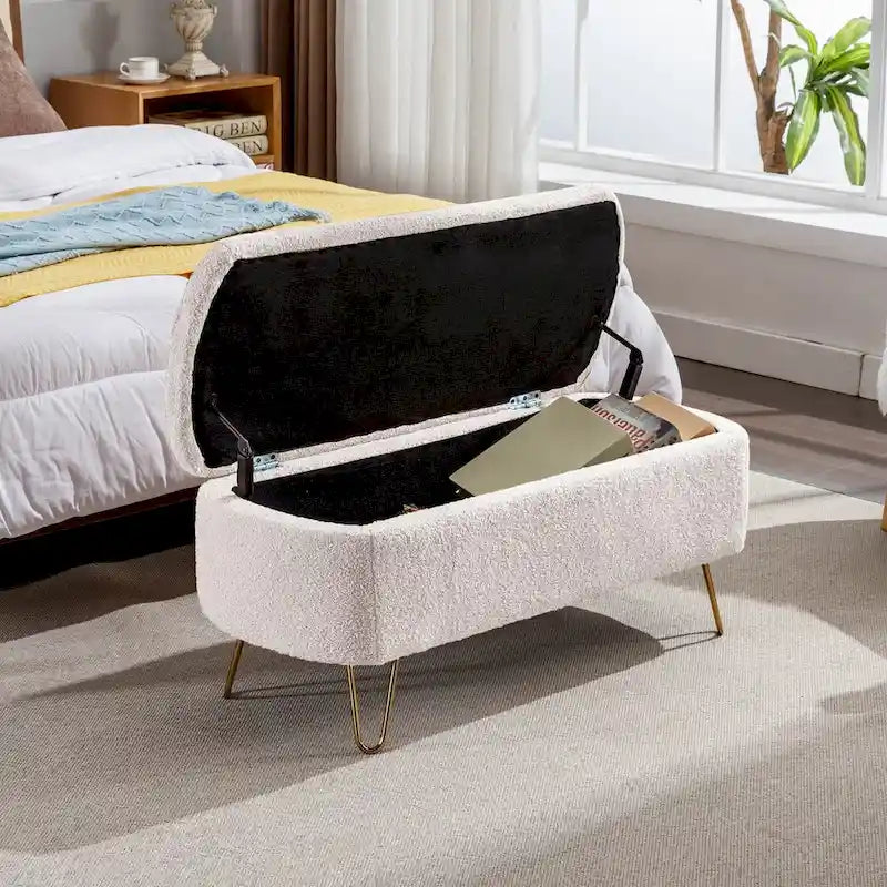 Storage Ottoman Bench for End of Bed Gold Legs, Faux Fur Entryway Bench Upholstered Padded with Storage for Living Room Bedroom