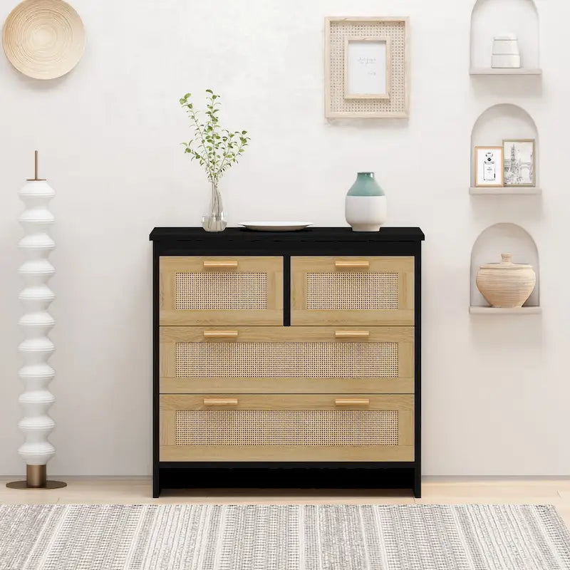 4 Drawers Rattan Cabinet,for Bedroom,Living Room,Dining Room,Hallways,Easy Assembly