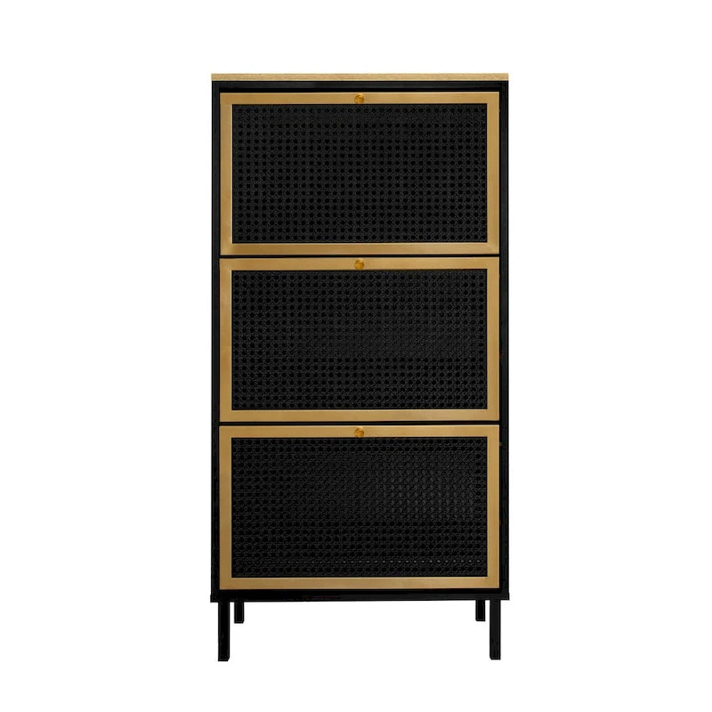 3 Metal Door Shoe Rack, Freestanding Modern Shoe Storage Cabinet, Metal rattan, for Entryway