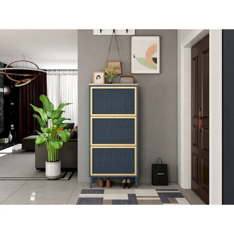 3 Metal Door Shoe Rack, Freestanding Modern Shoe Storage Cabinet, Metal rattan, for Entryway