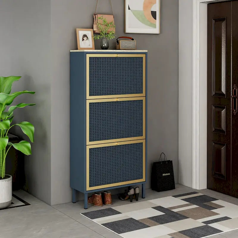 3 Metal Door Shoe Rack, Freestanding Modern Shoe Storage Cabinet, Metal rattan, for Entryway